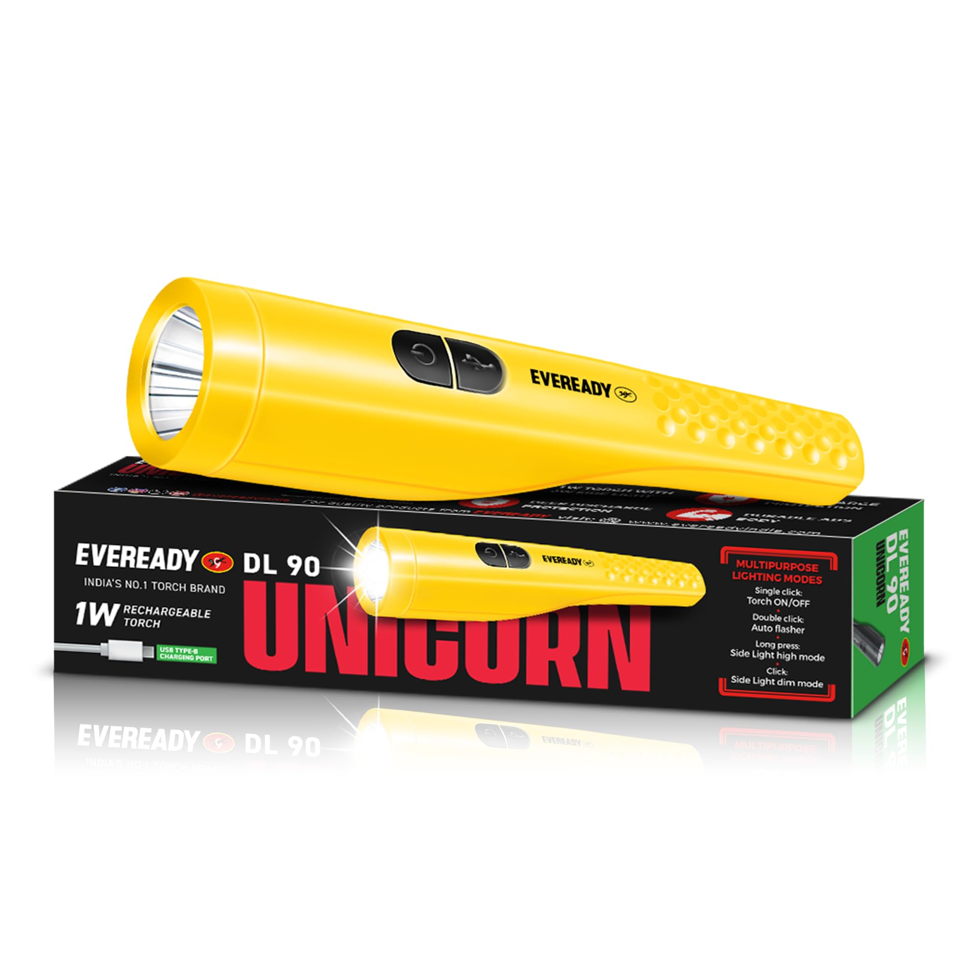 Eveready Unicorn DL90, Rechargeable 1W Torch Cum 2W Emergency Sidelight, Type-B/Micro-USB Fast Charging, Overcharge & Deep Discharge Protection, Powered by Li-Ion Battery