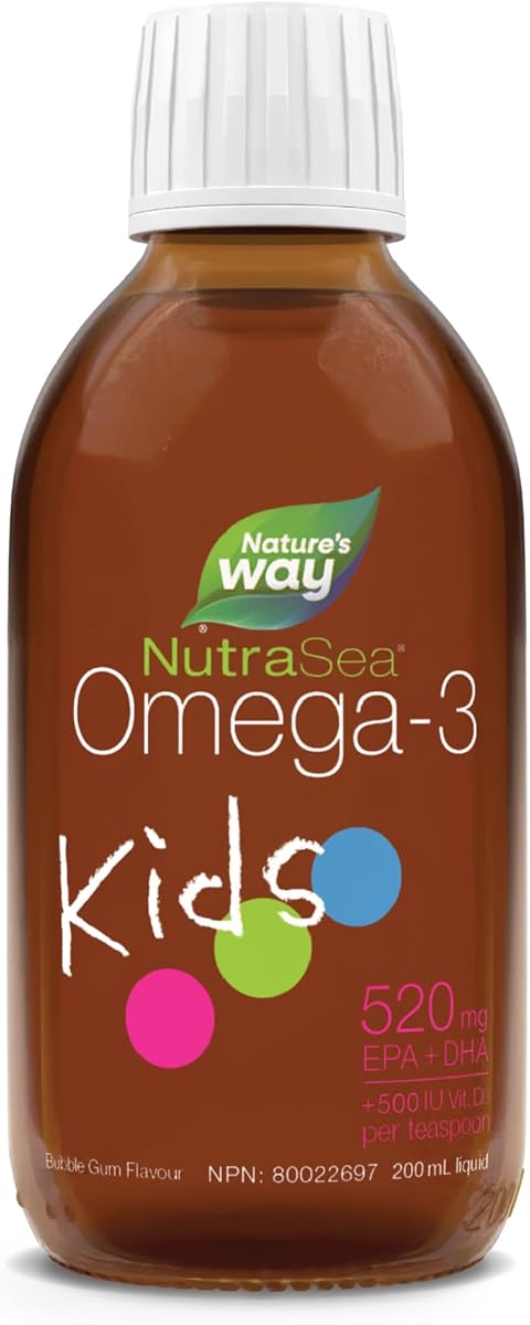 NutraSea Nature's Way NutraSea Kids Omega-3 and Vitamin D Supplement – Bubblegum Flavour Fish Oil with EPA, DHA and GLA – Support Brain & Eyes Development and Help Build Strong Bones and Teeth - 200 ml Liquid