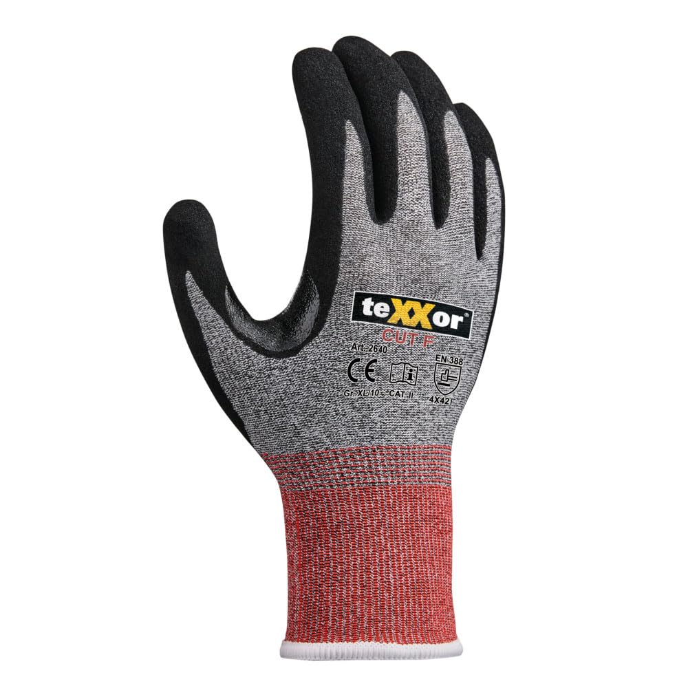 texxor 288 Stück Schnittschutz-Strickhandschuhe 2640, CUT F, grau-schwarz, 8/M, Karton, Schnittschutzhandschuhe, Arbeitshandschuhe, Küchenhandschuhe