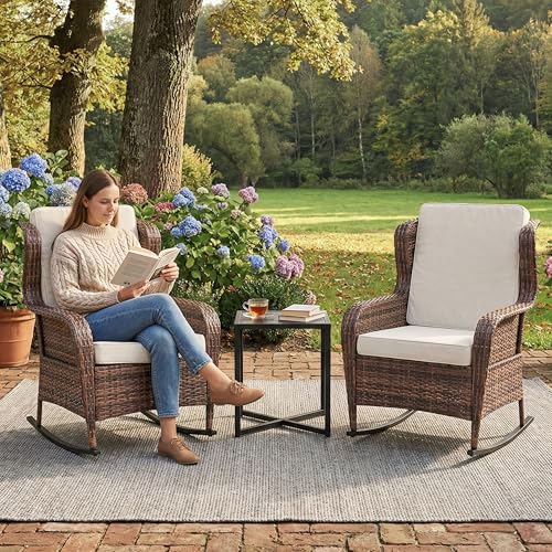 GarveeTech Outdoor Wicker Rocking Chair with Cushions, All-Weather Patio Rocker, High Back Rattan Chair for Garden Porch Backyard (Brown Wicker, Beige Cushions) by GarveeTech - Image 5
