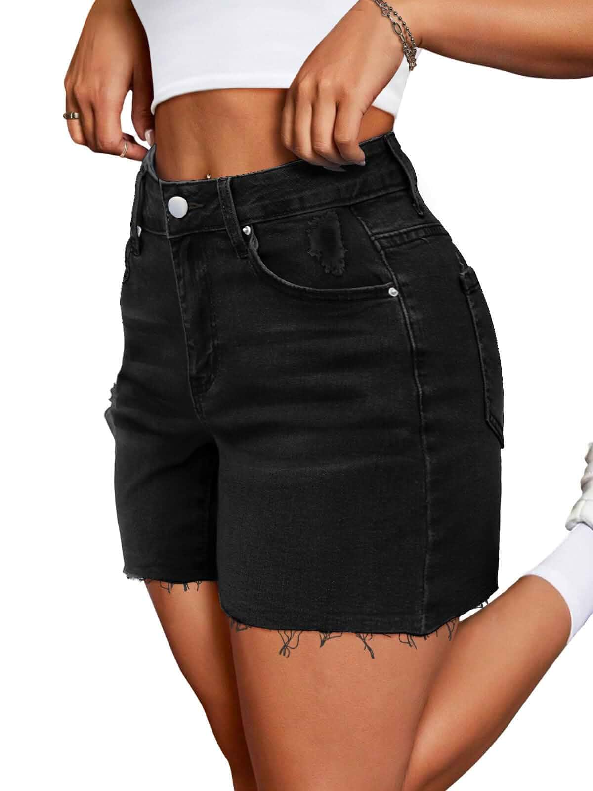 Lylinan Womens Mid-High Waisted Jean Summer Frayed Hem Denim Stretchy Jorts With Pockets, Casual Shorts Style, Comfortable Fit, Beach Vacation Outfits, Summer Bottoms for Daily Wear