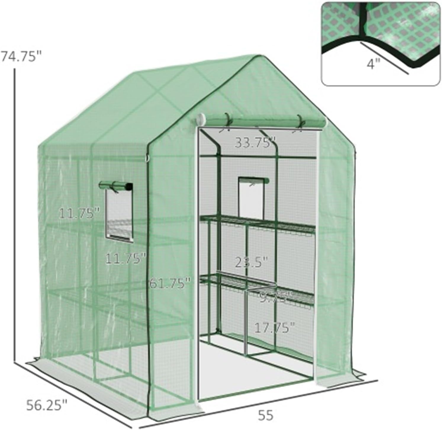 4.6' x 4.7' Portable Greenhouse, Walk-in Small Outdoor Greenhouse with 2-Tier U-Shaped Planter, Roll-Up Door and Window, Green