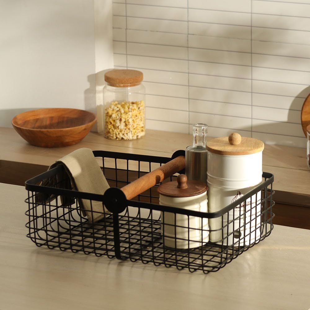 Grid Storage Basket with Handle for Living Room | Organizer Bins for Kitchen Home bedroom and Wardrobe | Multipurpose Storage Baskets | Durable Iron and Wood | Large Size - Black