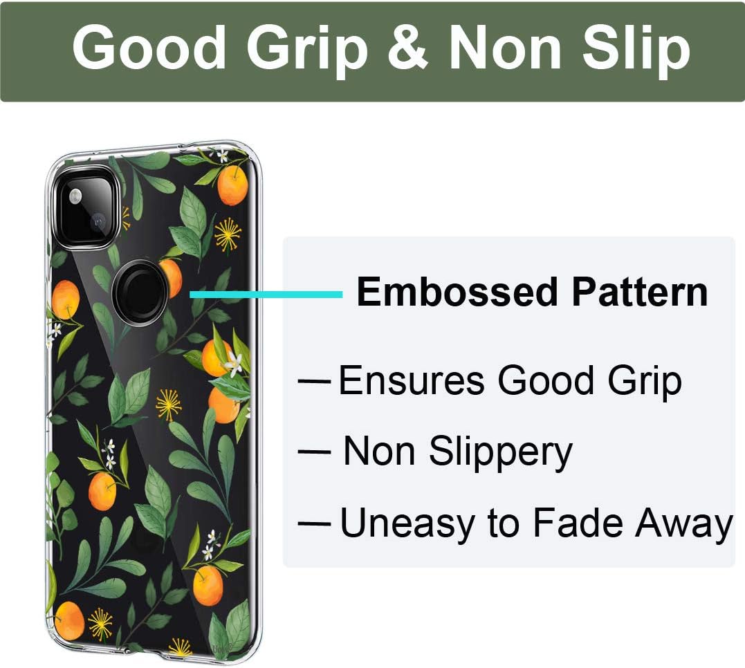 Unov Pixel 4a Case Clear with Design Soft TPU Shock Absorption Slim Embossed Pattern Protective Back Cover [Not for Pixel 4a 5G Case] 5.8 inch (Citrus Flavors)
