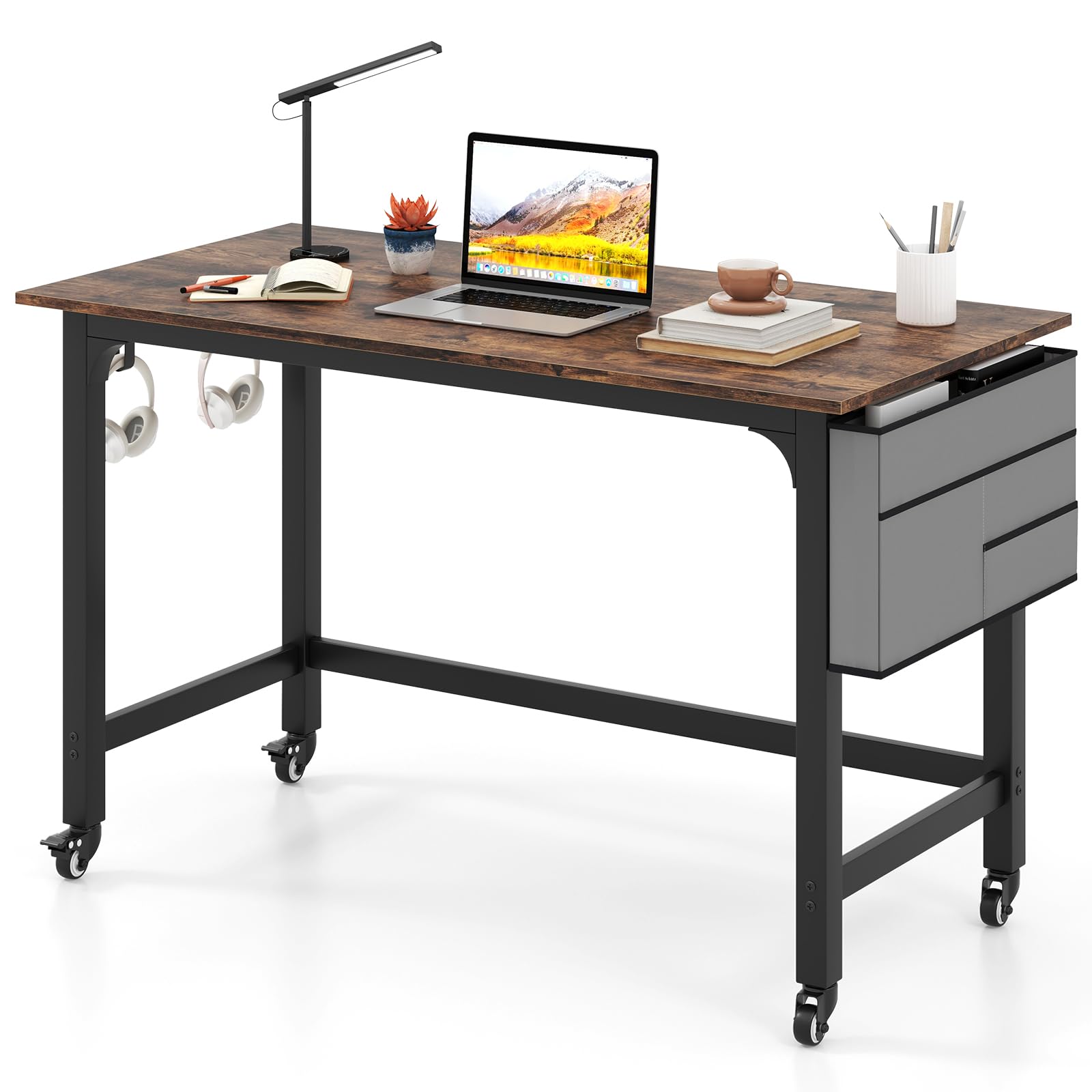 Giantex 48" Rolling Computer Desk, Mobile Study Writing Desk with Wheels, Storage Bag & 2 Hanging Hooks, Simple Style Home Office Work Bench, PC