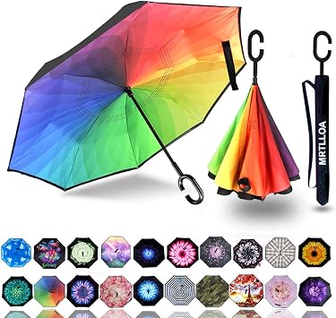 MRTLLOA 40/49/56 Inch Oversize Windproof Inverted Reverse Upside Down Umbrella, Golf Size Rain Umbrella, Double Layer, C-Shaped Handle for Men, Women and Kids Rainbow, 49 Inch