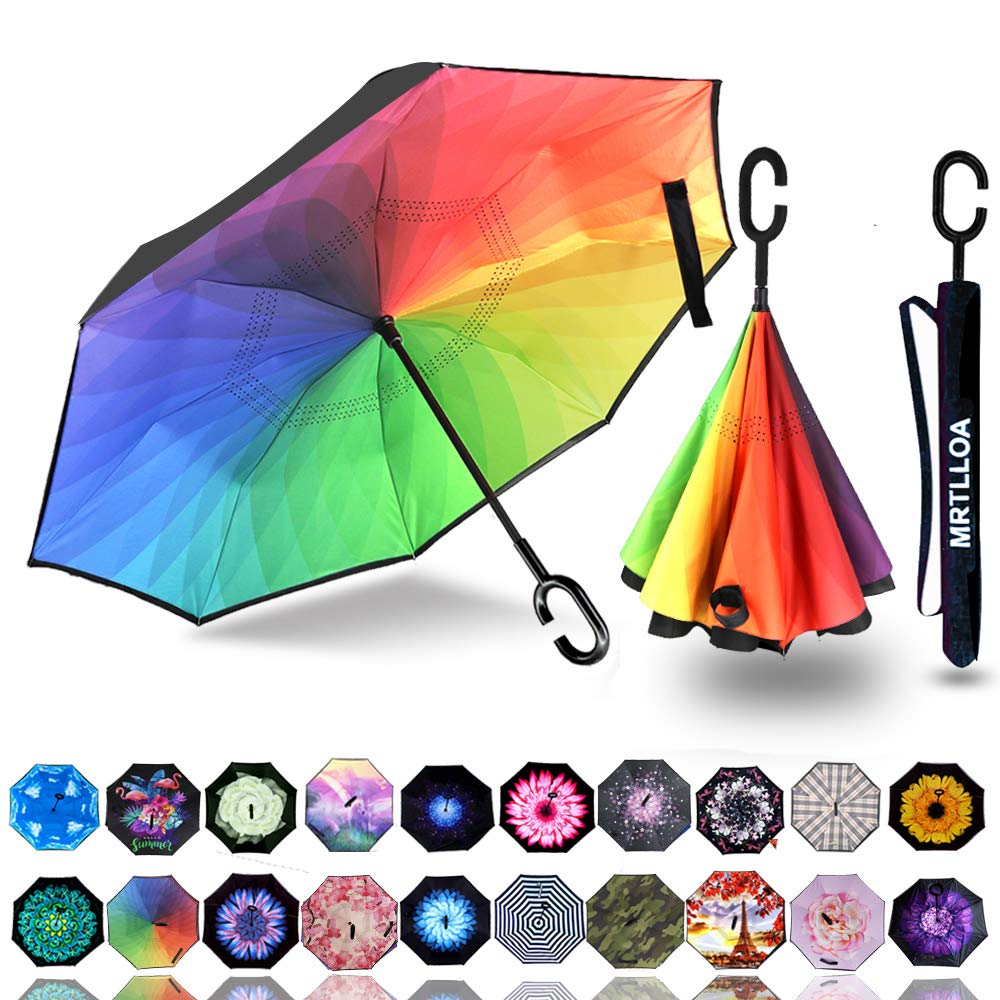 40/49/56 Inch Oversize Windproof Inverted Reverse Upside Down Umbrella, Golf Size Rain Umbrella, Double Layer, C-Shaped Handle for Men, Women and Kids