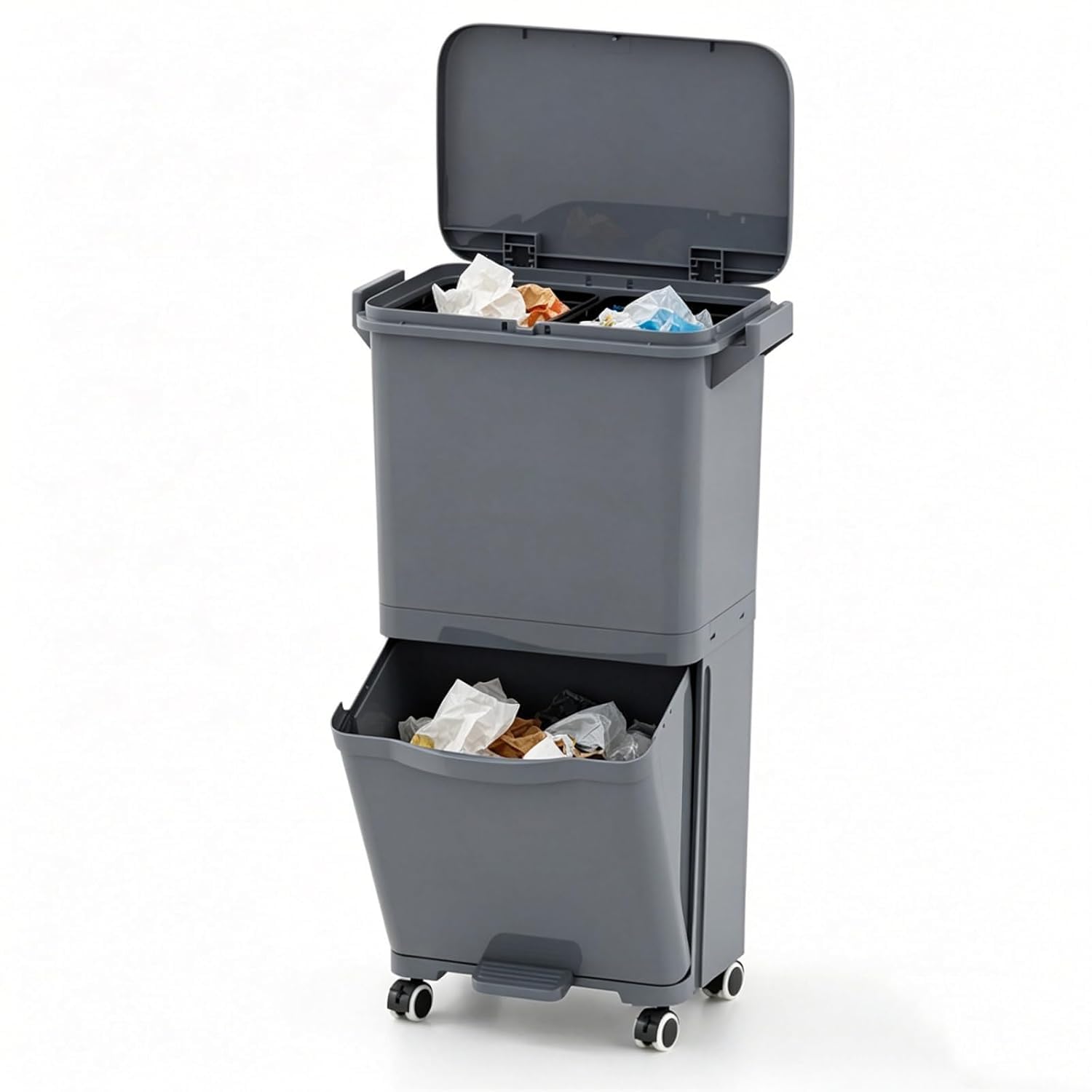 LIFEZEAL Poubelle de Cuisine 36L, Poubelle de Tri Sélectif 2 Niveaux, Pédale, Bac Inclinable, Plastique, Gris