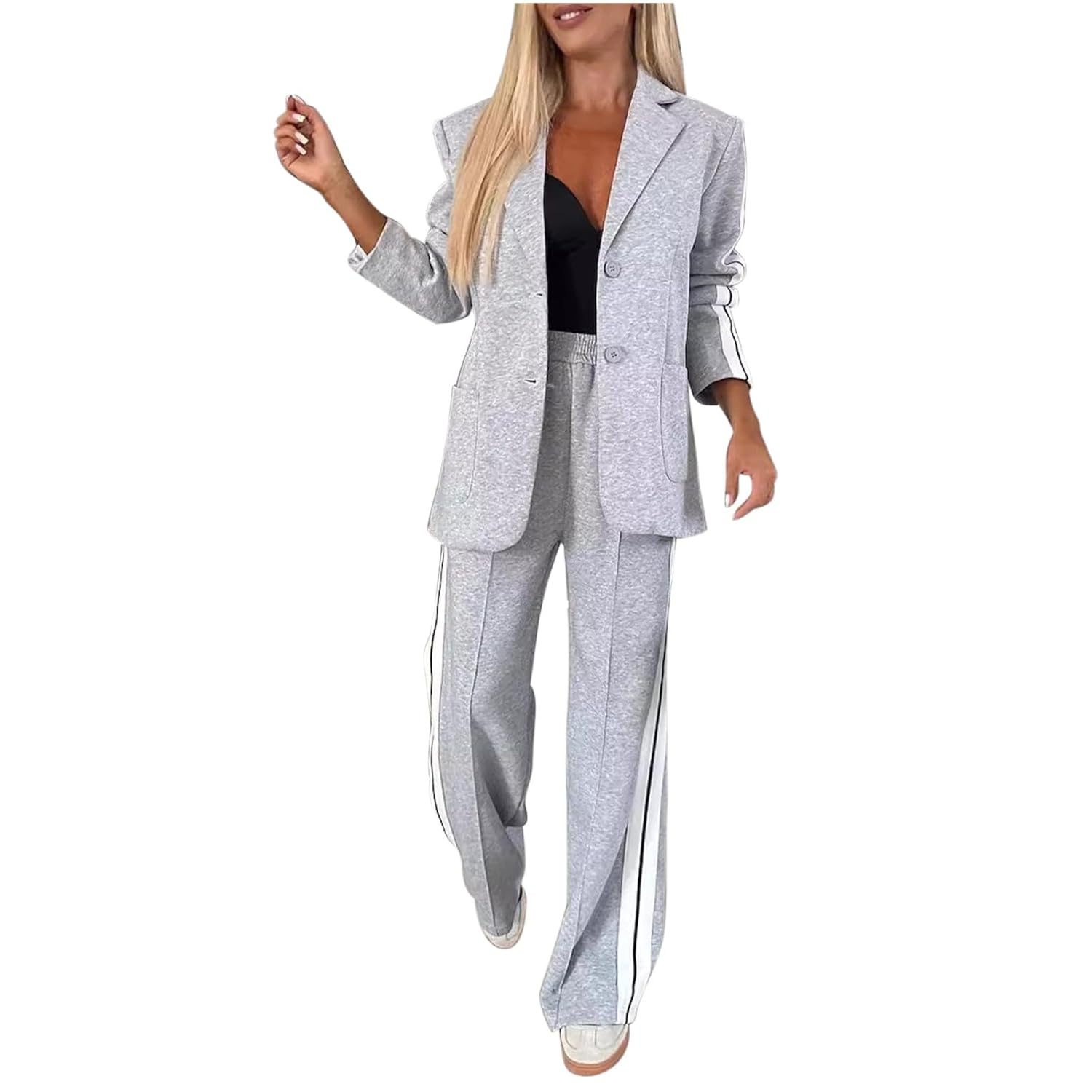 HGps8w 2 Piece Pant Suits for Women Loose Long Sleeve Blazer Jacket Colorblock Wide Leg Dress Pants Office