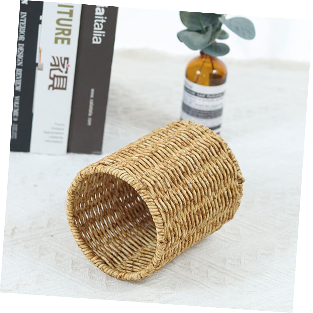 Porte-stylo En Rotin Naturel Tissé - Organisateur De Bureau Vintage Avec Base Ronde Stable