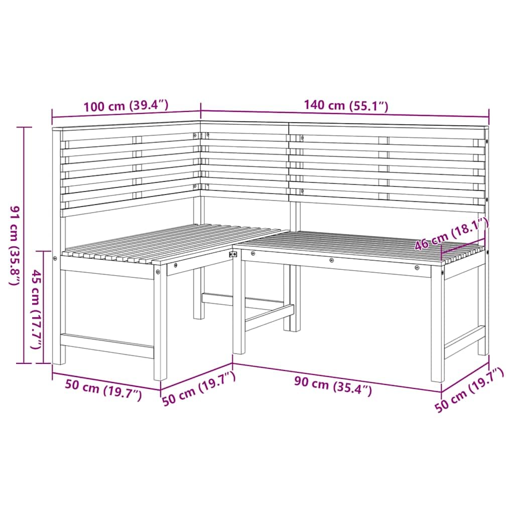Banco esquinero de jardín de 140 cm de madera maciza de acacia con acabado al aceite para exteriores, resistente a la intemperie, duradero, grupo de asientos rústicos, ideal para balcón