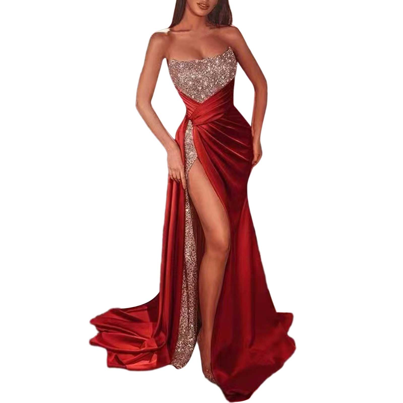 Genérico nuevo vestido de Cosplay largo para mujer con lentejuelas con ranura alta sin tirantes para hombros, escote tubular de noche