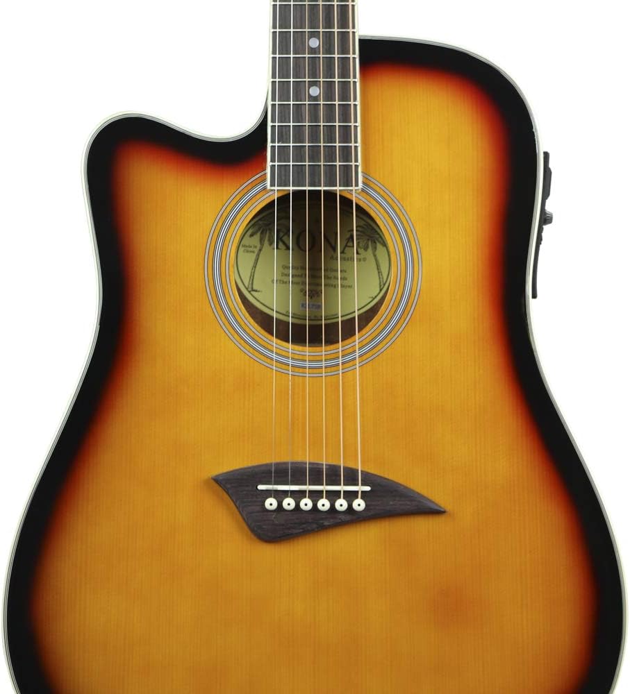 Kona K2LTSB Left-Handed Acoustic Electric Dreadnought Cutaway Guitar in Tobacco Sunburst Finish
