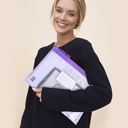 Miniatura 9 de Wisdompro - Bolsa con cremallera, 4 paquetes de bolsa de archivos de malla impermeable duradera tamaño carta, organizador de documentos, color morado
