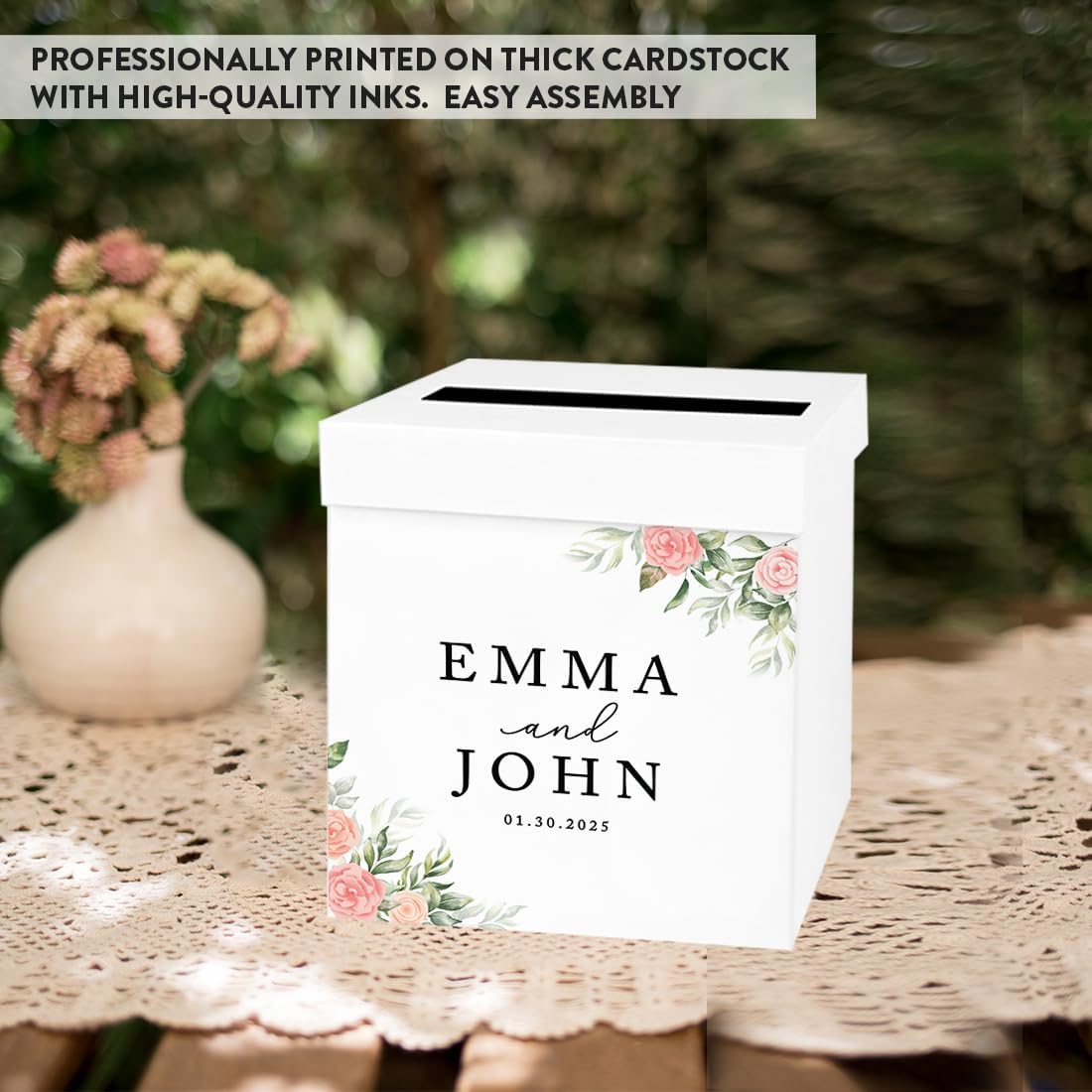 Andaz Press Sturdy White Personalized Wedding Day Card Box Peach Roses Custom Wedding Gift Boxes for Cards Personalized Card Box 10x10x10 Inches