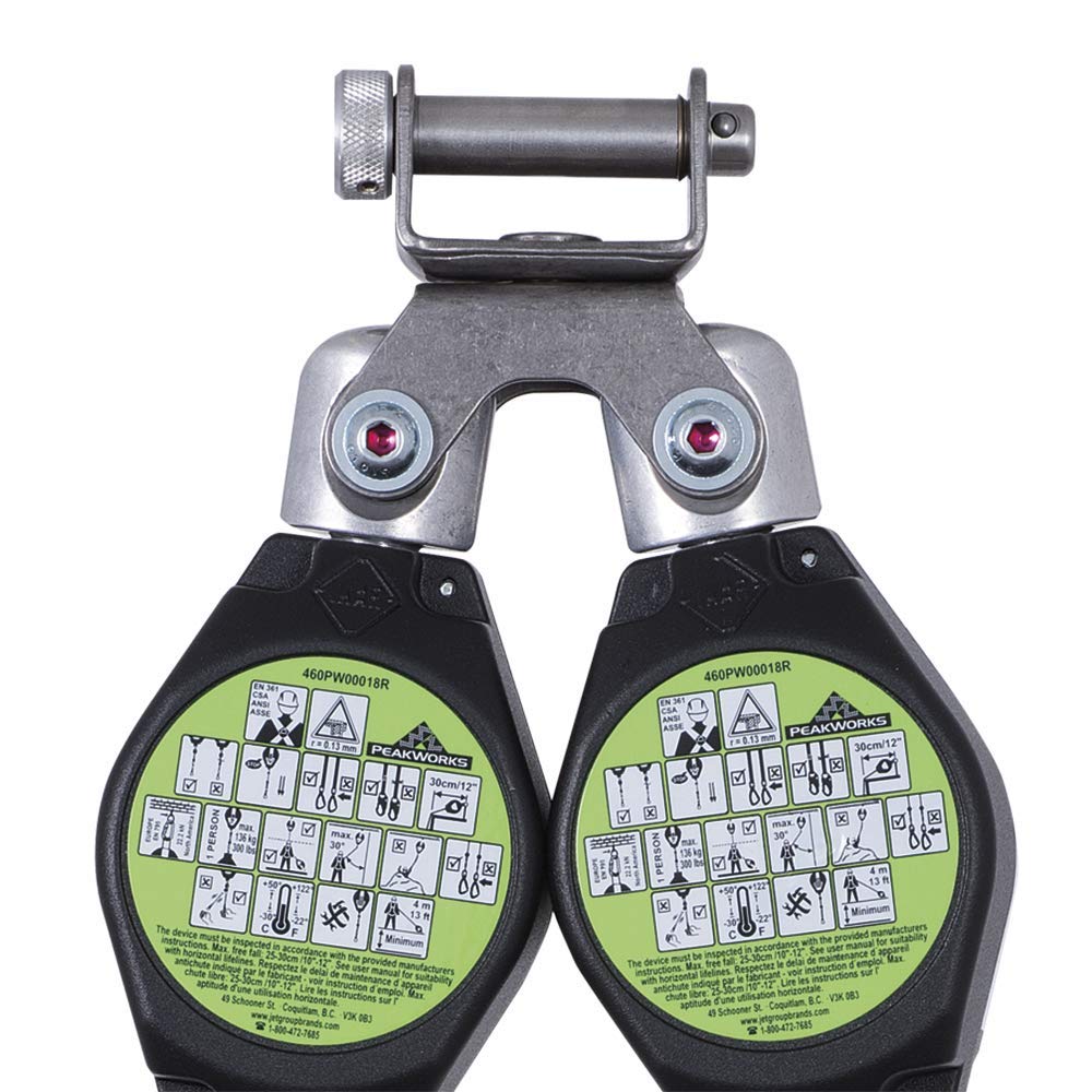 Super Deal Product Peakworks Fall Protection Dual Self Retracting Lifeline (SRL) with Webbing, 2 Rebar/Form Hooks, 6 ft. Length, Black/Green, V845526006LE