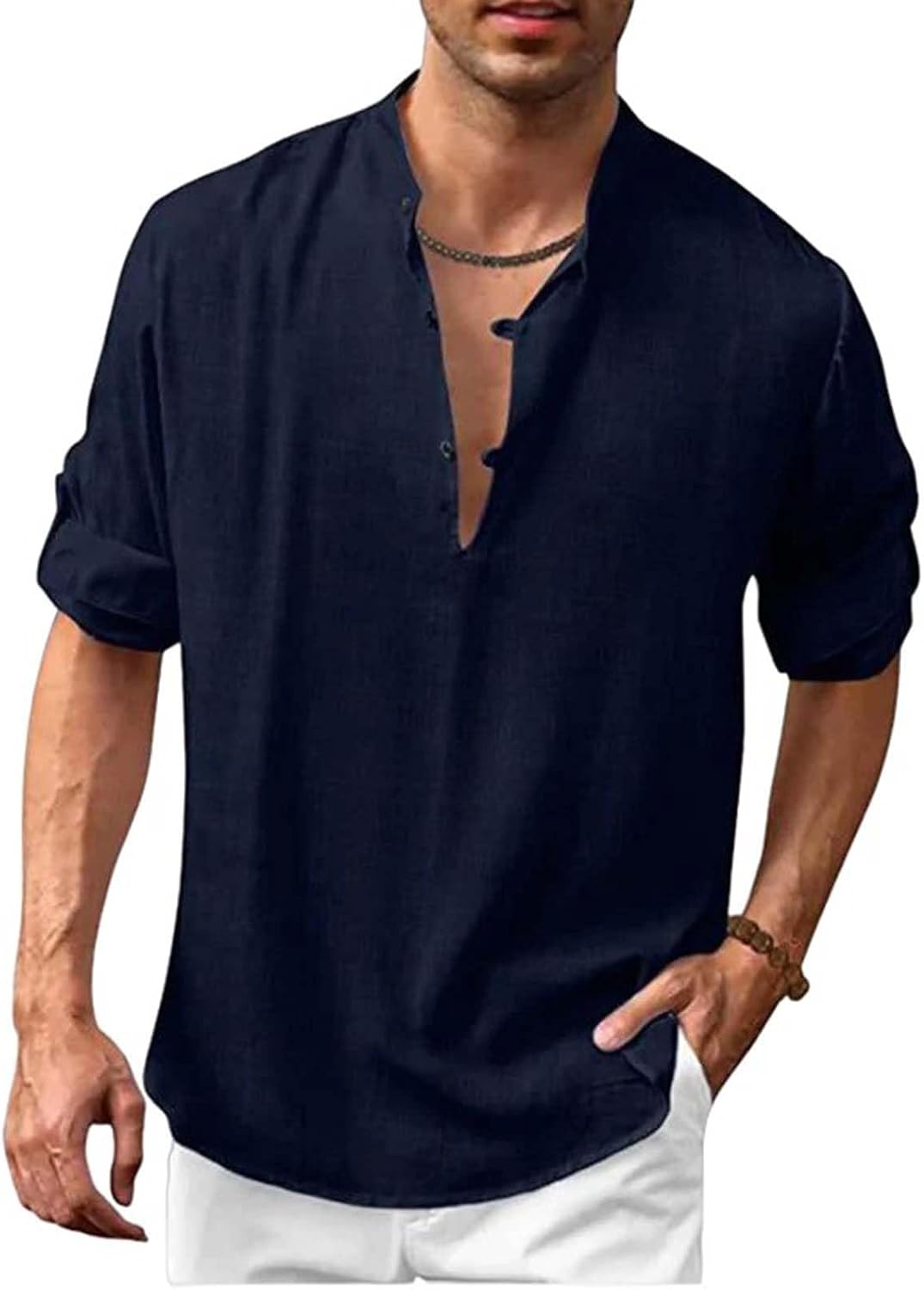 Mens Linen Henley Shirts Lightweight Long Sleeve T Shirts Casual Solid Color Collar Shirts Summer Beach Hippie Tops