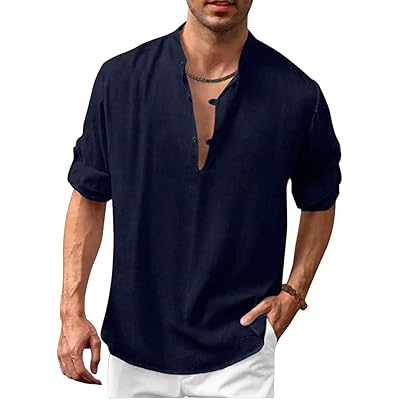 Mens Linen Henley Shirts Lightweight Long Sleeve T Shirts Casual Solid Color Collar Shirts Summer Beach Hippie Tops