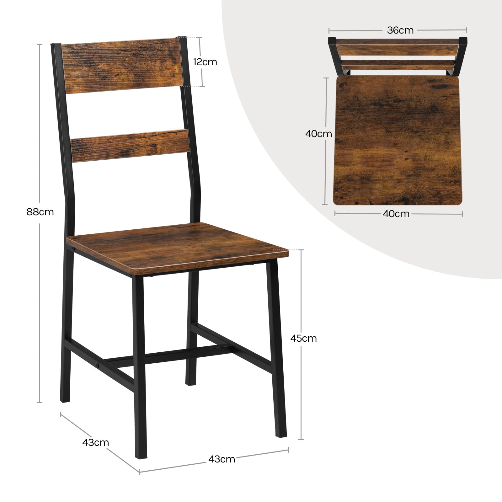 Esszimmerstühle 2er Set, Küchenstühle, Wohnzimmerstühle, mit Metallrahmen, ergonomischer Stuhl,für Küche Wohnzimmer Balkon, Industriestil, Rustikales Braun, K0027EZS-2