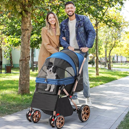 YITAHOME Hundebuggy für Hunde Hundewagen Klappbar bis 22 kg hundetrolley mit 4 Rollen für Mittelgroße Hunde Welpen und Katzen Netzfenstern Verstellbarer Griff
