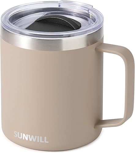 Vista 33 de SUNWILL Taza de café aislada con tapa, vaso de viaje con asa, taza de acero inoxidable de 14 onzas para campamento, oficina, hogar, recubrimiento