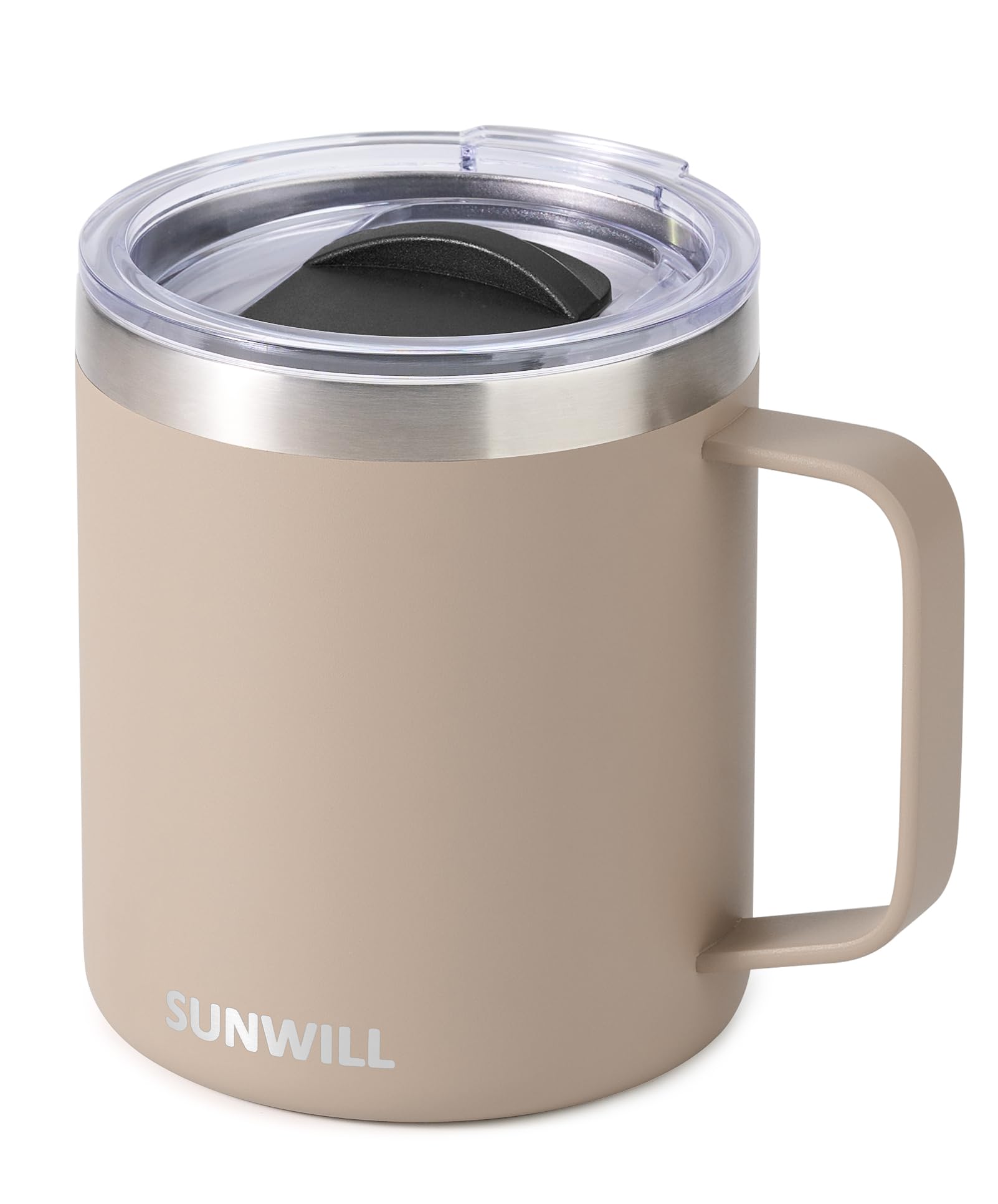 SUNWILL Travel Coffee Mug with Lid, Insulated Tumbler with Handle, 14oz Stainless Steel Cup for Camping, Office, Home, Powder Coated Taupe