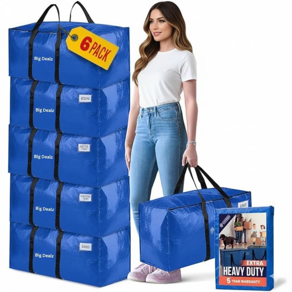 Heavy Duty Extra Large Storage Bags with Lids - Thicker Waterproof Bags with Zips - Moving Bags with Backpack Straps & Handles – Moving Supplies for Travelling & Christmas Decor (Blue (Pack of 6))
