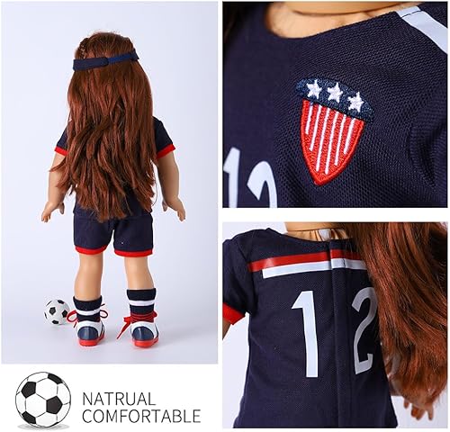 Miniatura 5 de Accesorios de ropa para muñecas de 18 pulgadas  Team USA Ropa de uniforme de fútbol de 6 piezas incluye diadema, camisa, pantalones cortos,