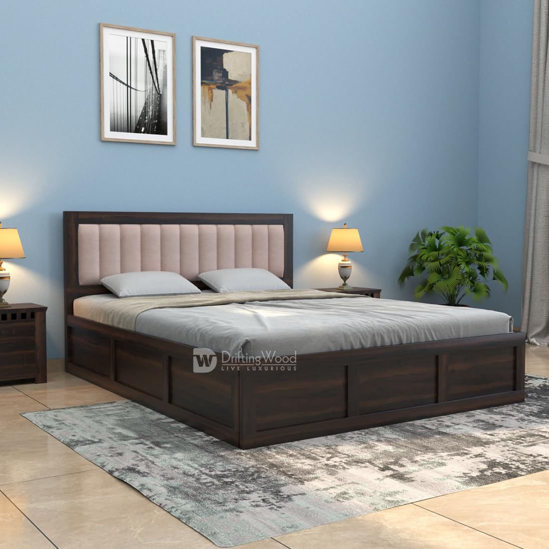 DRIFTINGWOOD Morzo Solid Sheesham Wood King Size Bed with Storage | Wooden Double Bed Cot Bed with Box Storage & Pink Color Velvet Upholstered Cushioned Headboard for Bedroom | Walnut Finish