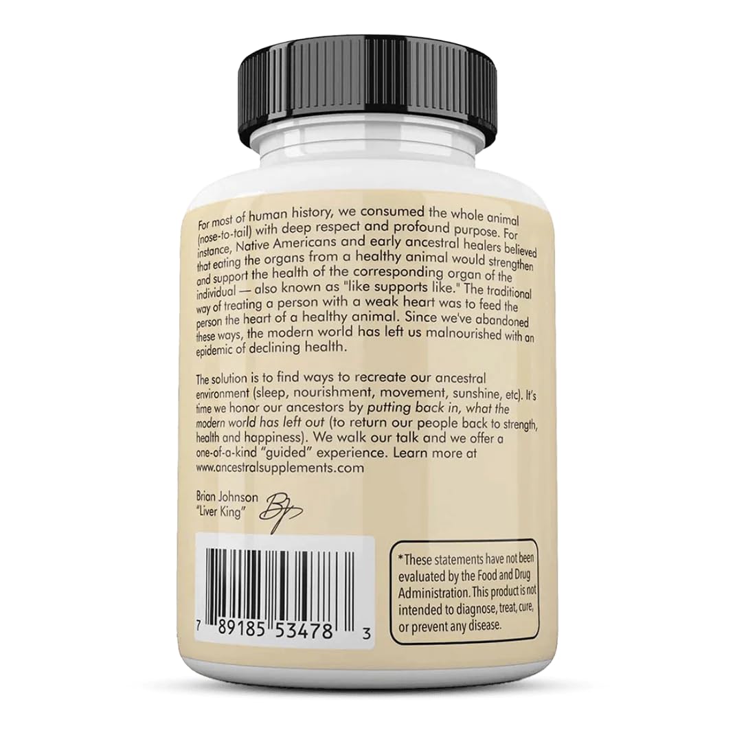 Grasgefütterte Rinderleberkapseln von Ancestral Supplements, Vollspektrum-Nahrung, reich an B-Vitaminen, Eisen & Magnesium - 180 Kapseln - 500 mg