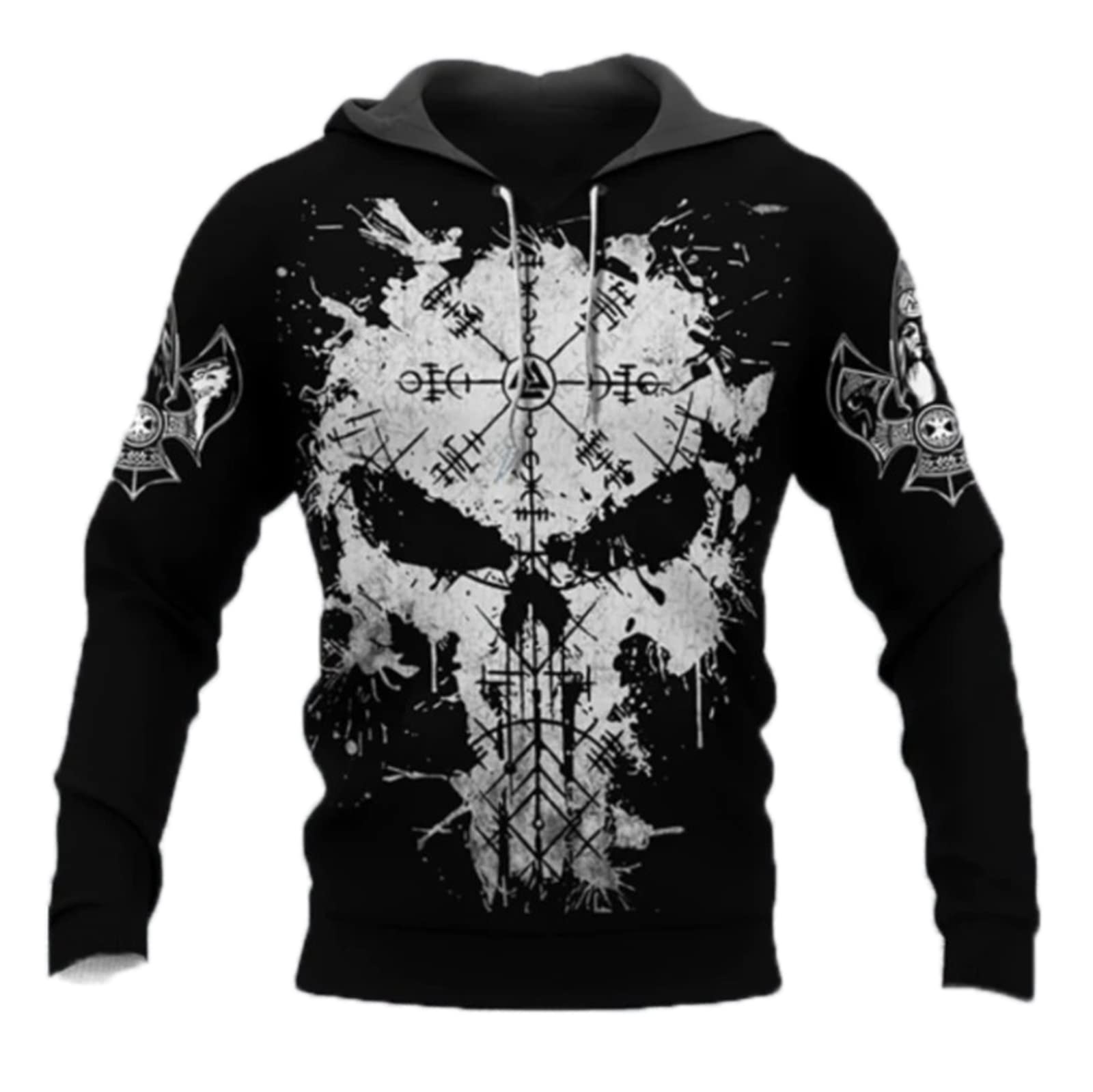 Kewing Men's # 2 3D Skull Print Hoodies Viking Tattoo Hoodie Sweatshirt Long Sleeve Hooded Jacket Coat