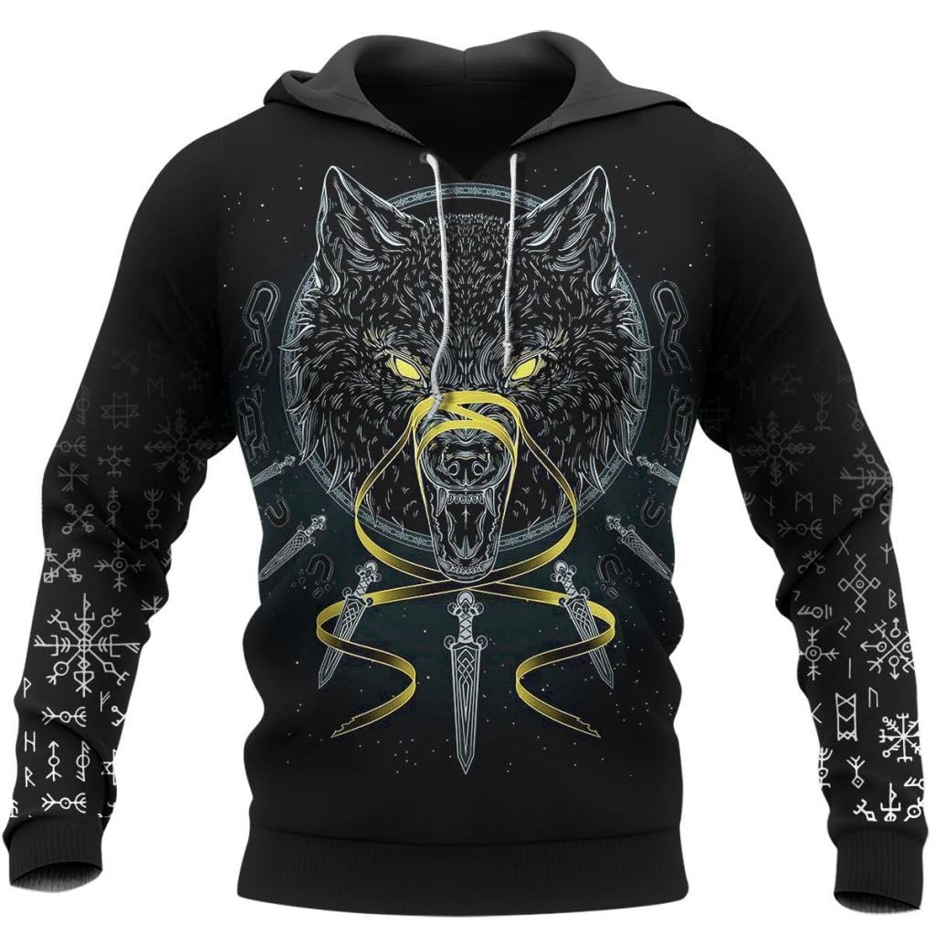 Jjllazad Men's Fenrir Wolf Viking Hoodie 3D Print Norse Mythology Tattoo Long Sleeves Kangaroo Pocket Odin Pullover Pagan Gifts,,Xl