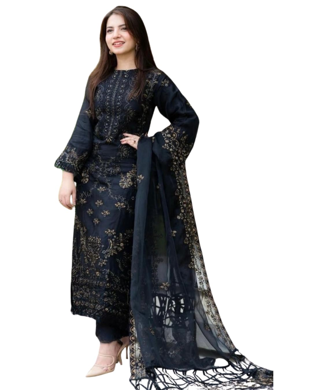 Women's Embroidered Georgette Kurta Set with Dupatta and Bottomwear Aari Work Stitched Ethnic SuitThree-Quarter Sleeves Wear Kurti Set-picture-33