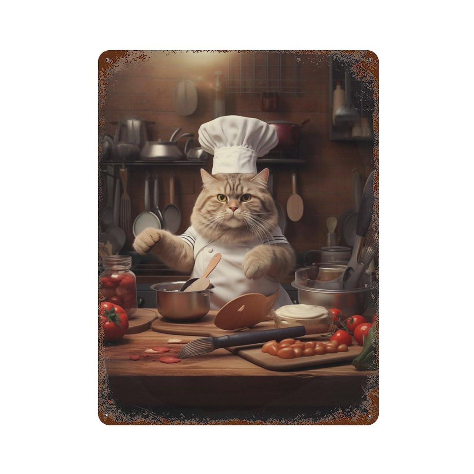 Chef Cat 15.7"x11.8" Vintage Rust Metal Sign, Shabby Chic Decor for Garage, Bar And Workshop Decor
