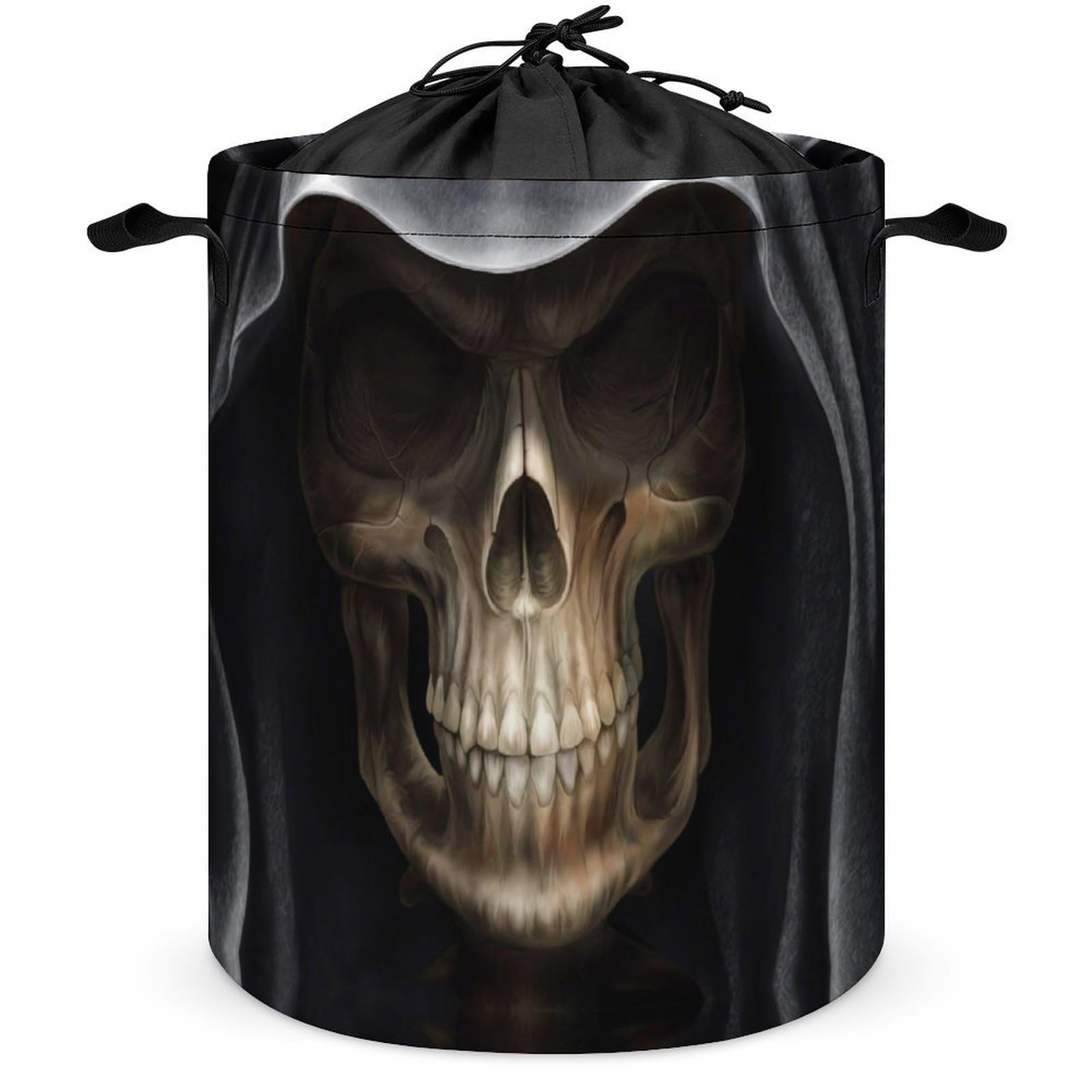 Qjjinxior Drawstring Laundry Hamper, Scary Skull Wearing Black Hat Laundry Basket, Washing Basket with Handle