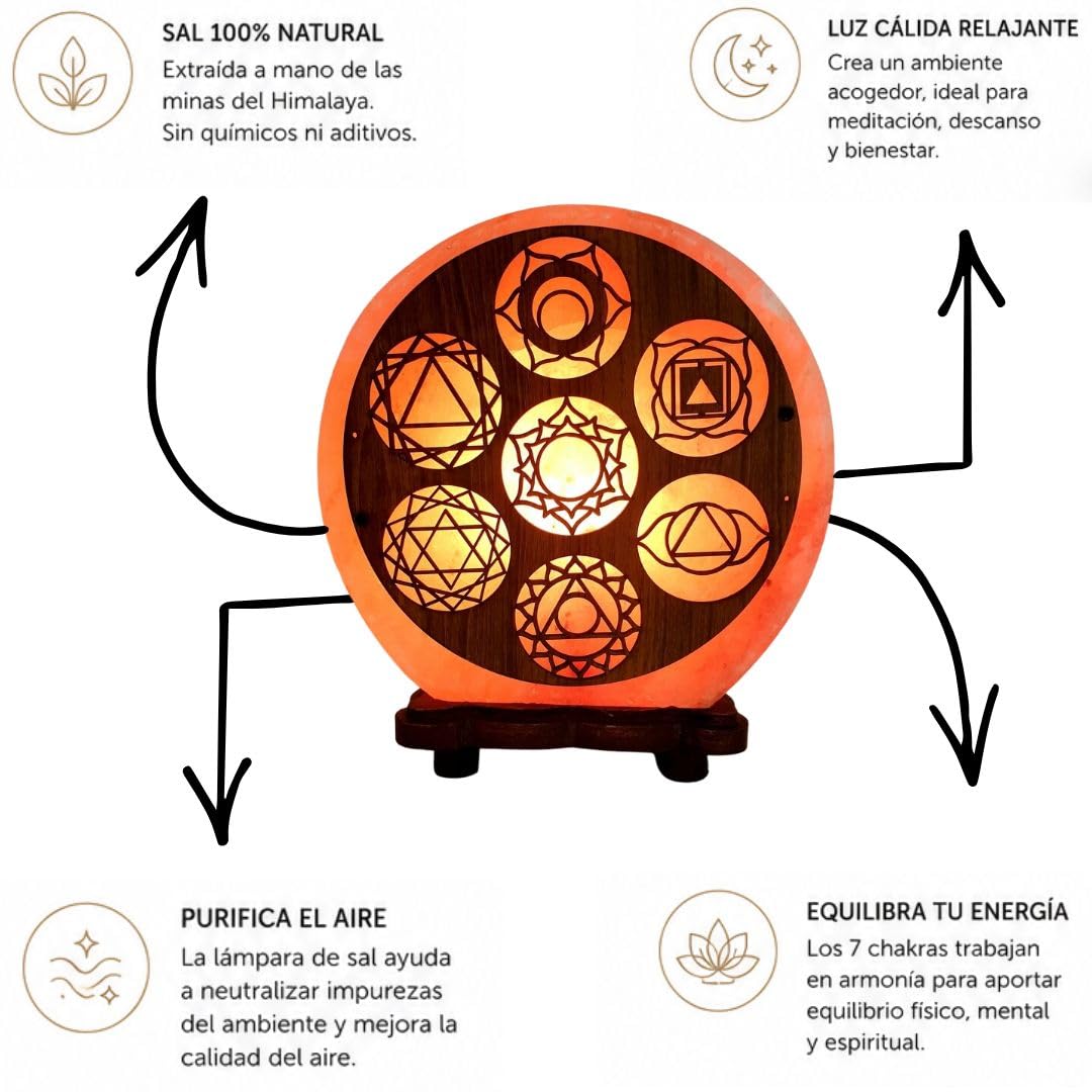 BOEMY Lámpara de Sal del Himalaya 7 Chakras 5 kg Aproximados | Luz Relajante y Decorativa | Base de Madera Natural | Bienestar y Armonía para Hogar, Yoga y Meditación