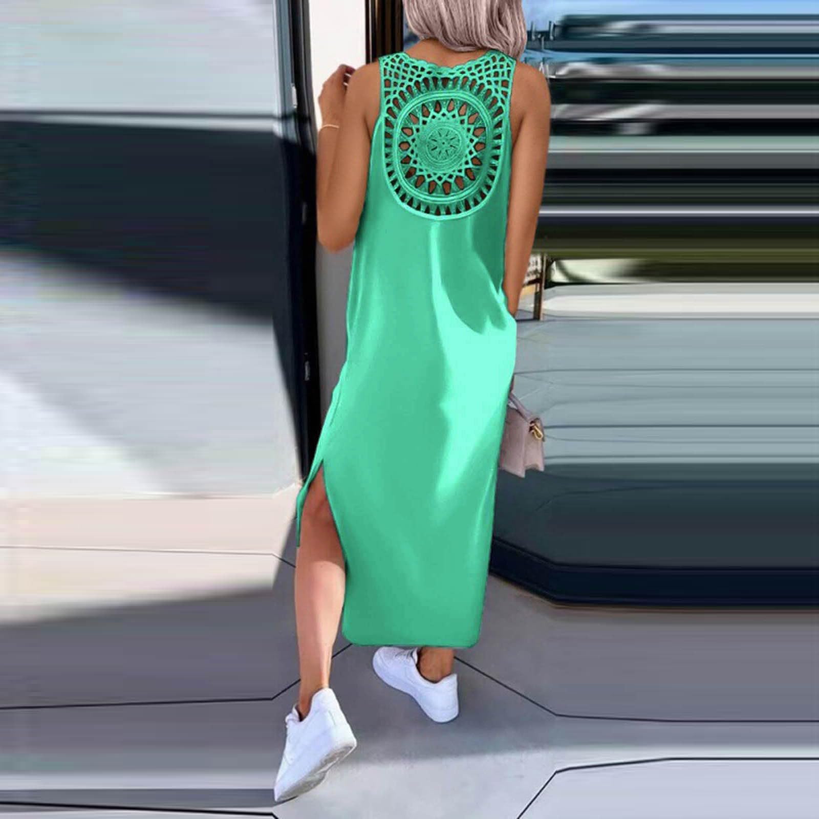 Vestido De Verano for Mujer Largo Vestidos Largos Sueltos Ocasionales Traje Playa 2026 Resort for Sin Mangas Ahueca hacia Fuera El Tiras con Abertura Lateral Encaje