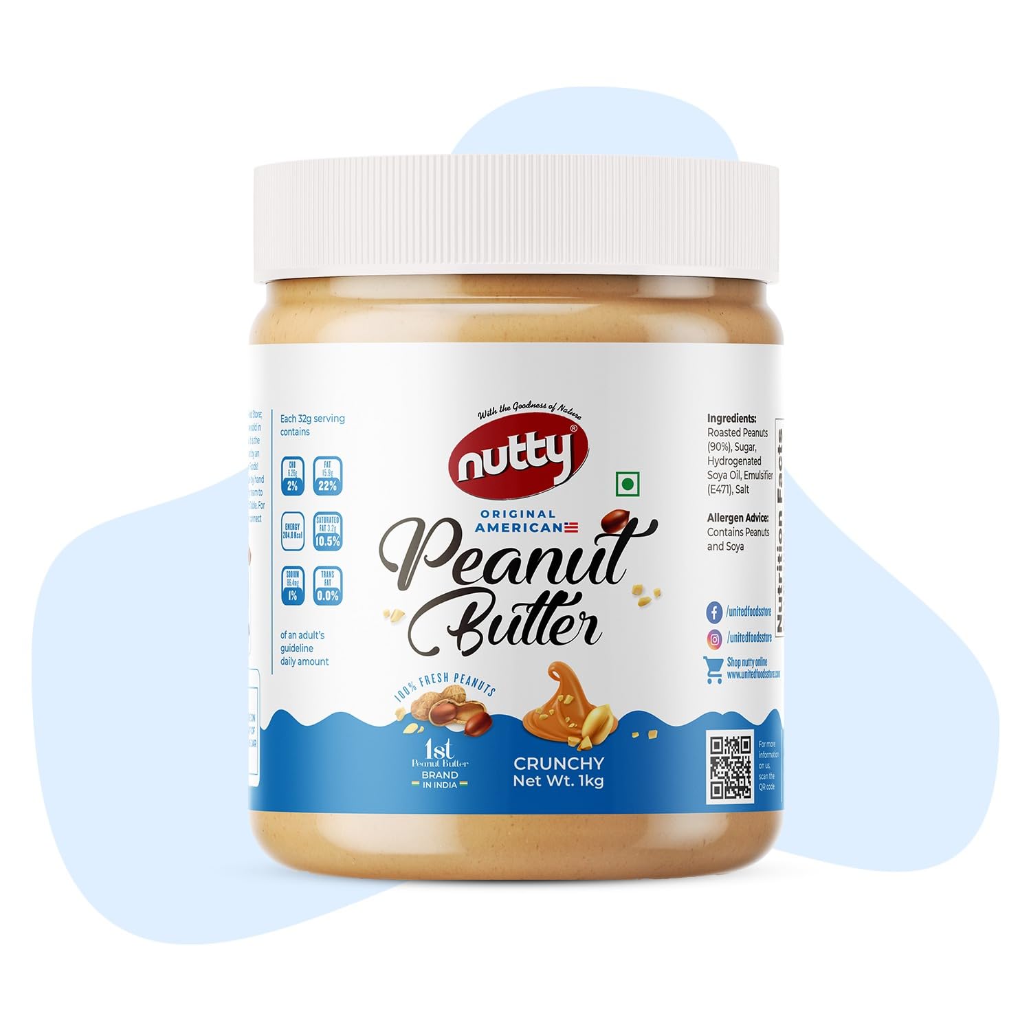 Nutty Crunchy Peanut Butter 1kg, 100% Non-GMO, Vegan, Source of Protein & Dietary Fibre Food, 0% Trans-Fat, Original American Flavored Peanut Butter
