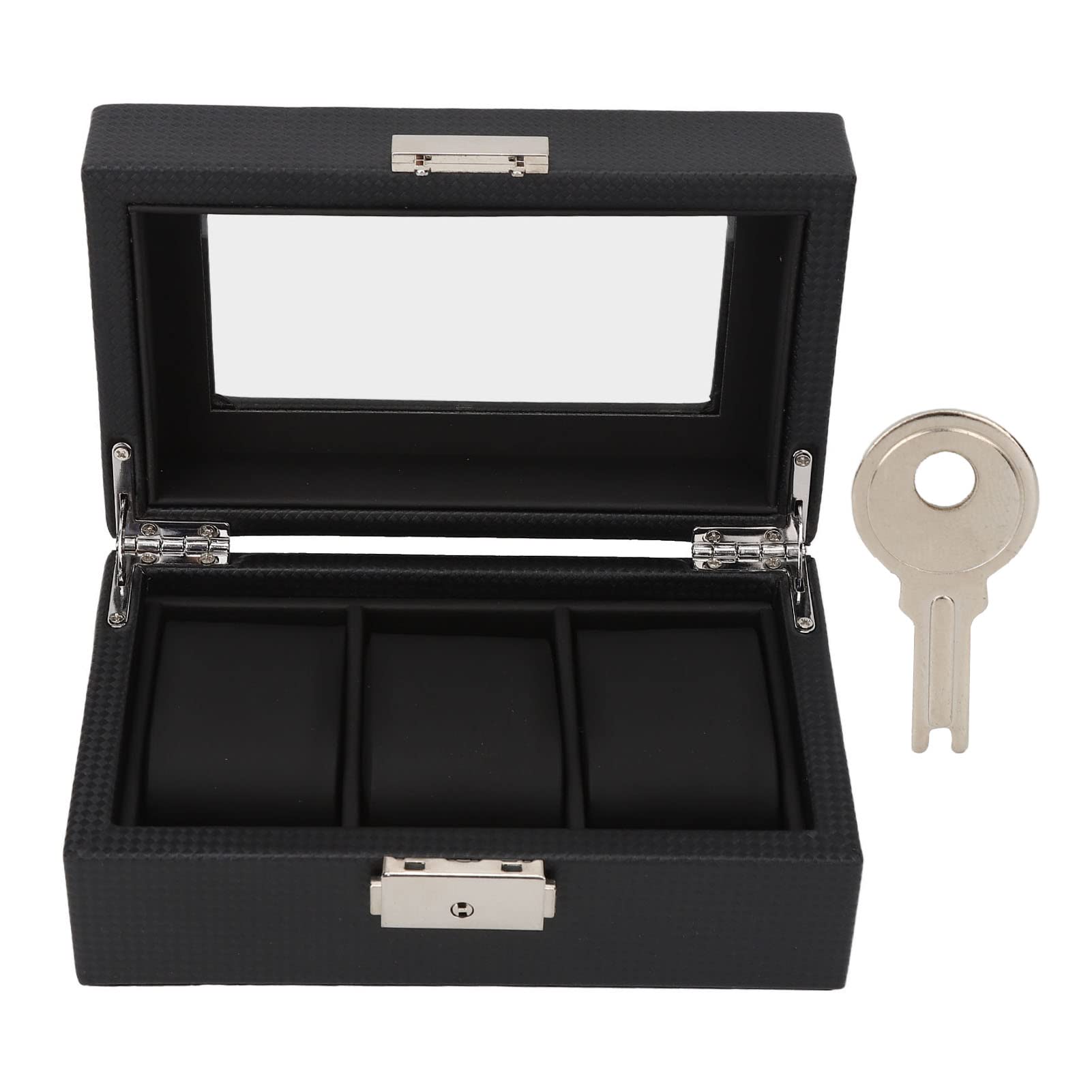 HVMBEUGOS 3 Slot Watch Box Case for Carrying Display, Lockable Small PU Leather Watch Jewelry Storage Case with Clear Lid for Men Women Bracelet Black