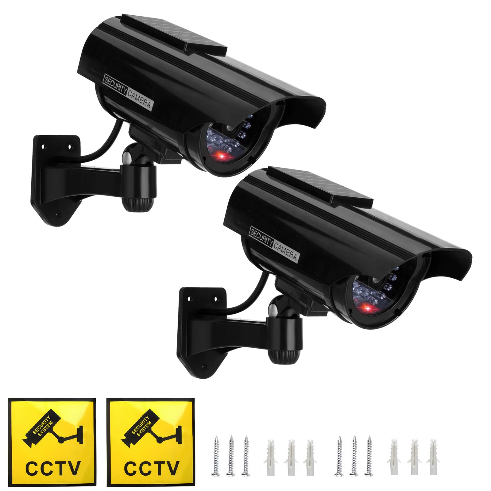 Twilight Garage 2 Pack Bullet Dummy Fake Security CCTV Solar Powered Camera Simulation Monitor with LED Blinking Light & Warning Security Alert Sticker, Outdoor Indoor Use - Black
