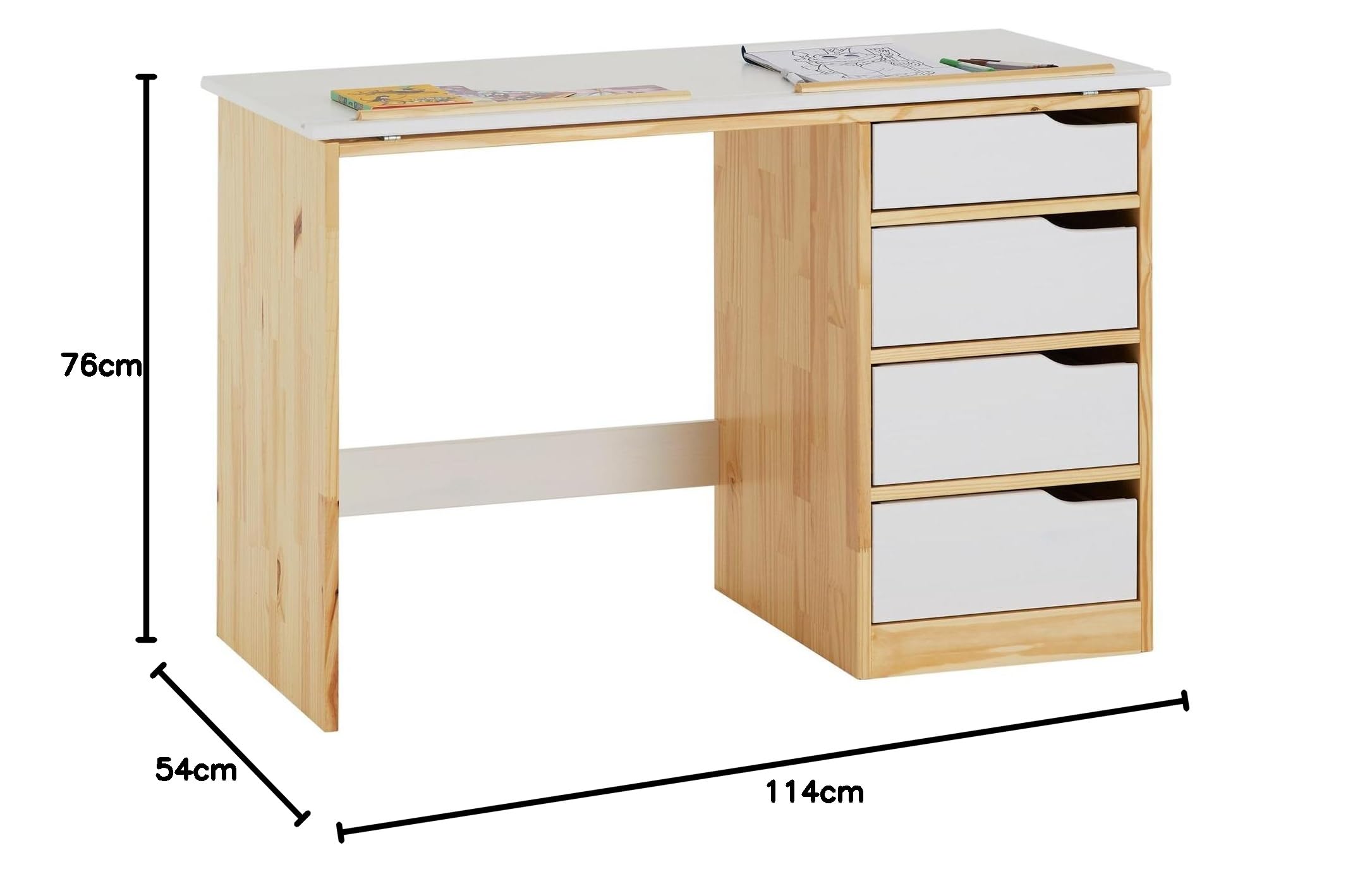 IDIMEX Bureau Enfant Emma Bureau avec Rangement 4 tiroirs et Plateau inclinable, Style scandinave, en pin Massif Naturel et Blanc