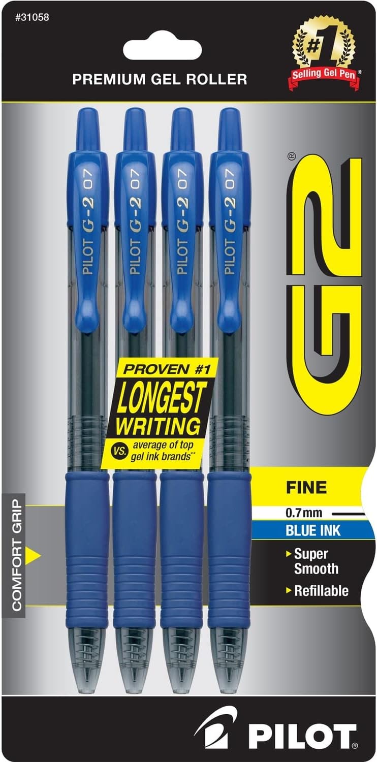 G2 Premium Refillable and Retractable Rolling Ball Gel Pens, Fine Point, Blue Ink, 4-Pack (31058)