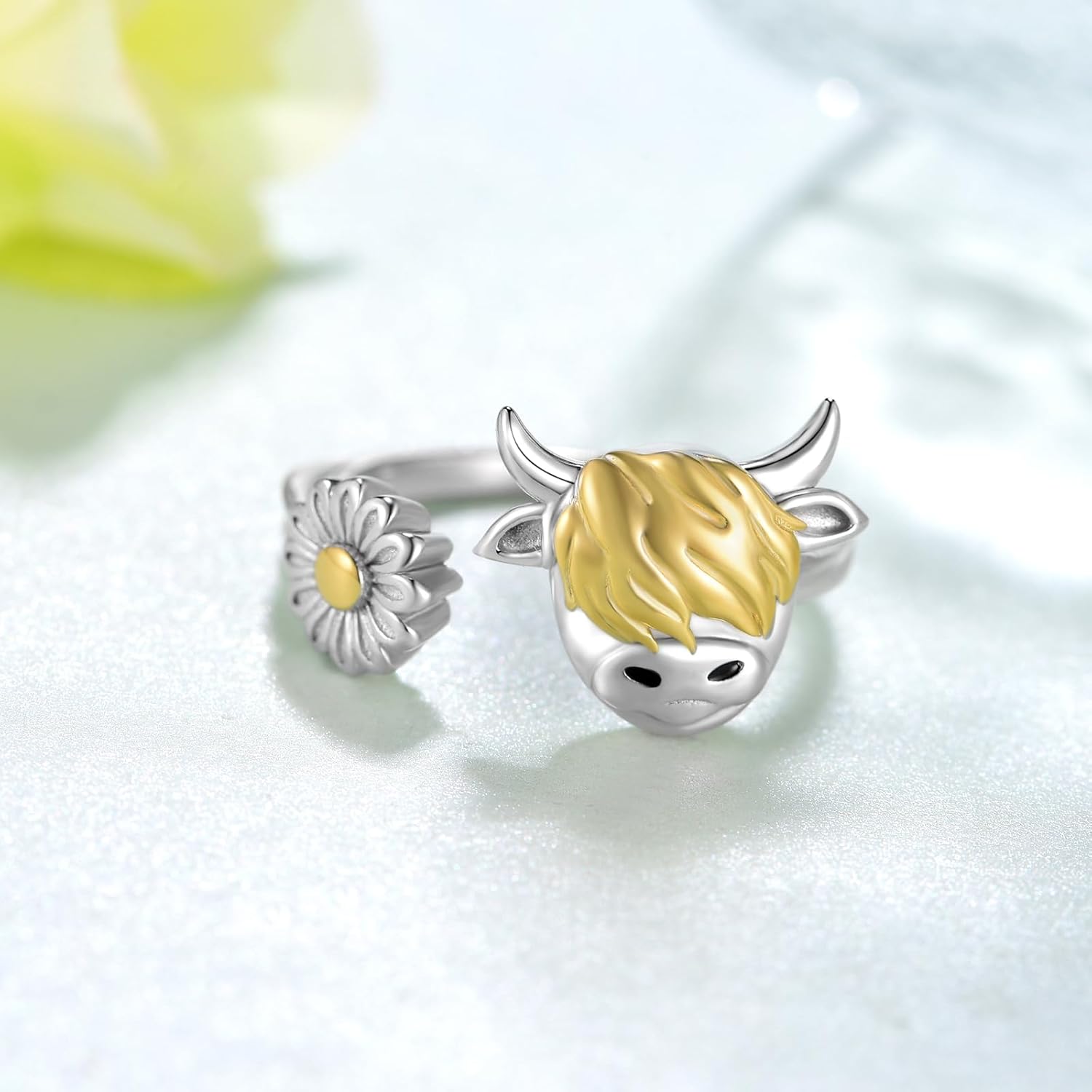 Highland Cow Open Ring 925 Sterling Silver Adjustable Cute Animal Open Rings with Loving Heart Cow Jewelry Gift for Women - Image 3