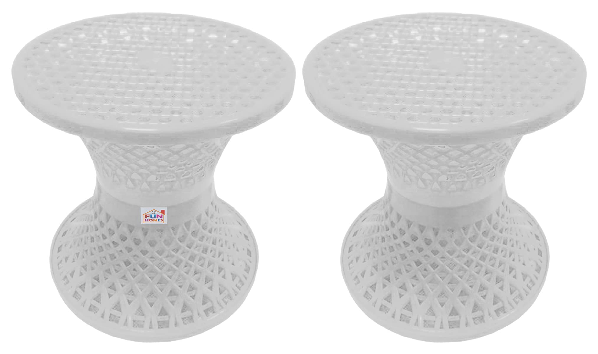 Fun Homes Mesh Design Both Sided Plastic Sitting Stool for Indoor & Outdoor in Damroo Style- Pack of 2 (White)