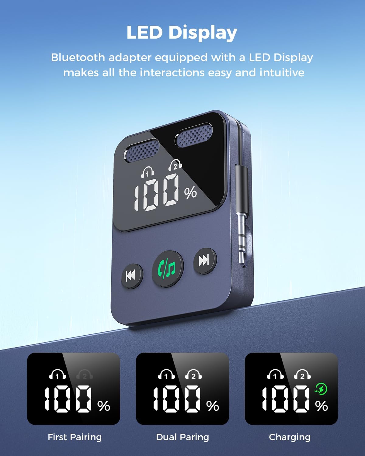 Close-up of the SUPERONE Bluetooth adapter's LED display showing battery percentage and connection status.