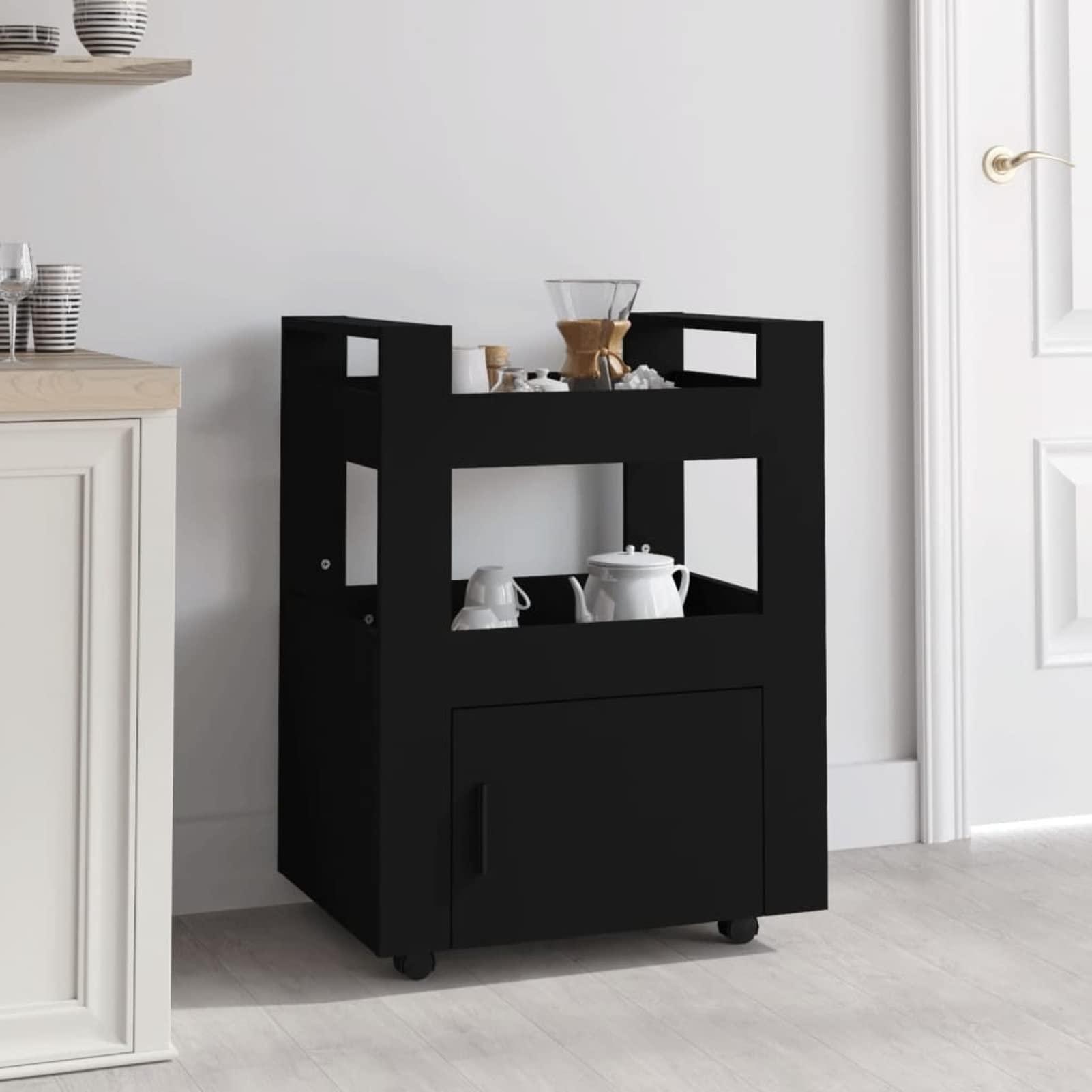 Homgoday Carrito Cocina,Carro asistido con Ruedas Carro de Cocina con Mueble Carro de Almacenamiento de Madera contrachapada para baño Cocina lavandería Negro 60x45x80 cm