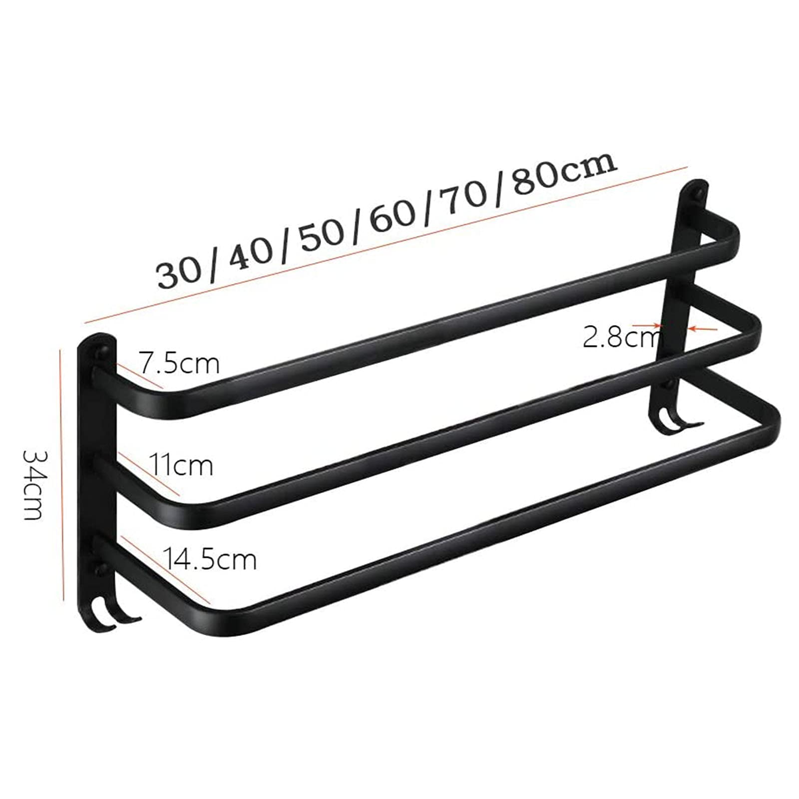 Łazienkowy wieszak na ręczniki, aluminium, matowy, czarny, podwójny, montowany na ścianie, 80 cm, uchwyt na ręczniki, wieszak na ręczniki, akcesoria łazienkowe