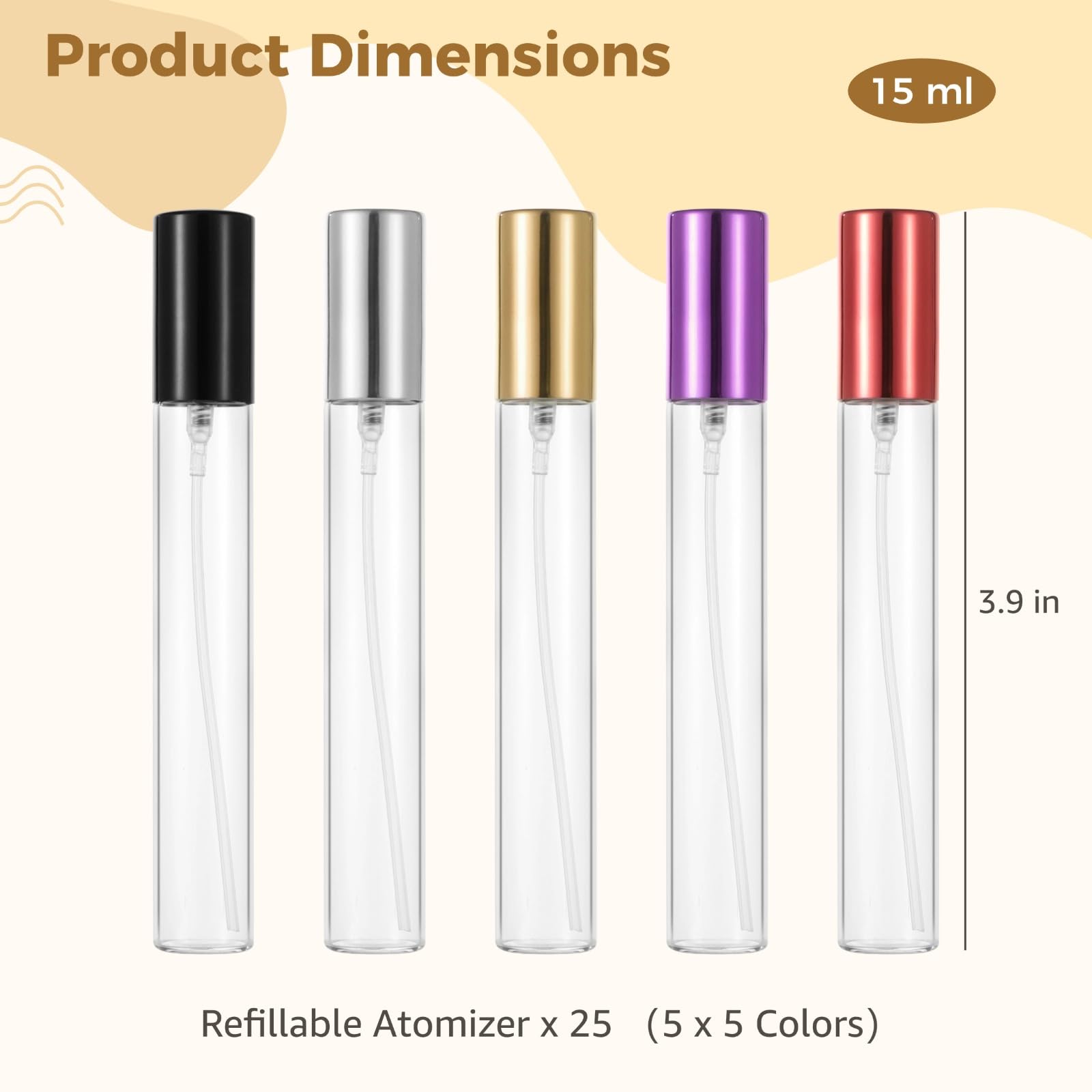 25 flaconi spray in vetro ricaricabili per profumo, 15 ml, mini flaconi da viaggio, 5 colori, contenitori riutilizzabili portatili con tappo, facili da trasportare e ricaricare