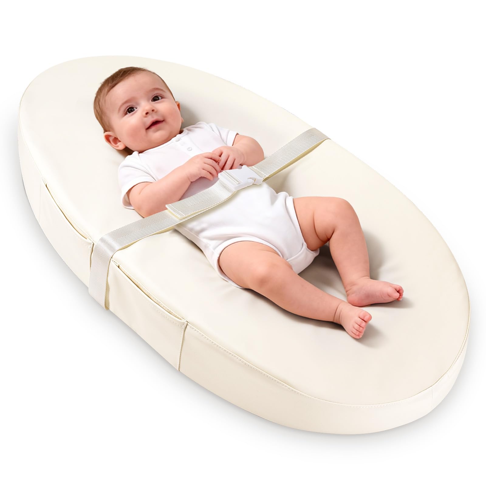 Materassino fasciatoio in pelle vegana, 80 x 40 cm, impermeabile, con cintura di sicurezza e base antiscivolo, portatile, leggero e facile da pulire, beige