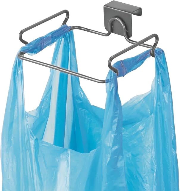 mDesign Rubbish Bag Holder Small Plastic Bag Holder for Cupboard Doors Metal Kitchen Waste Bin Rack Dark Grey